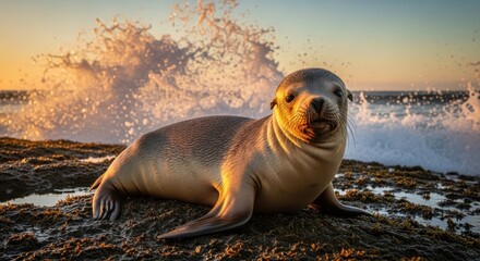 Baby sea lion basking on rocky shore during golden hour, wave crashing background