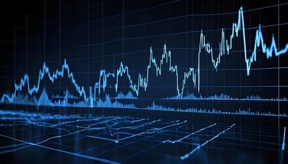 A blue stock market chart with grid lines showing financial data and economic trends analysis display