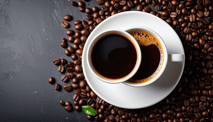 Fototapeta premium White cup of black coffee surrounded by scattered coffee beans on dark surface.
