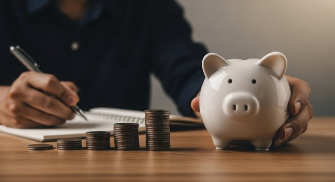 Piggy bank with stacks of coins symbolizing financial saving and investment growth