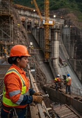 Female construction worker overseeing a large-scale dam project, showcasing engineering, infrastructure development, and dedicated labor in a challenging environment.