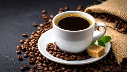 White cup of black coffee surrounded by scattered coffee beans on dark surface.