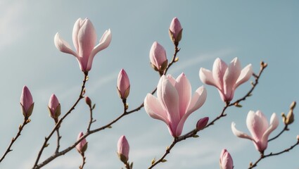 Magnolia flowers in bloom on a branch against a clear sky. Beautiful and delicate pink blossoms. Nature and springtime. Botanical and floral imagery.