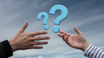 Two people reaching for giant blue question marks floating in the sky against a cloudy backdrop symbolizing uncertainty and seeking answers
