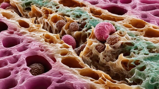 magnified microscopic image showing Entamoeba histolytica trophozoites infiltrating the mucosal lining of the human intestine