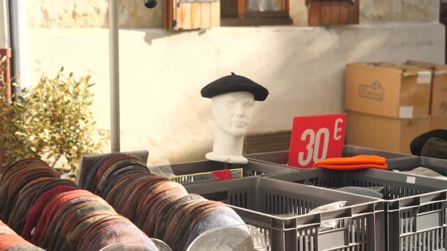 Beret on Mannequin Head at Sunny French Market Shop in Slow Motion