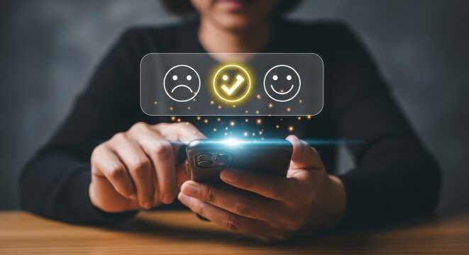 Woman using smartphone to provide customer satisfaction feedback with rating icons, positive review