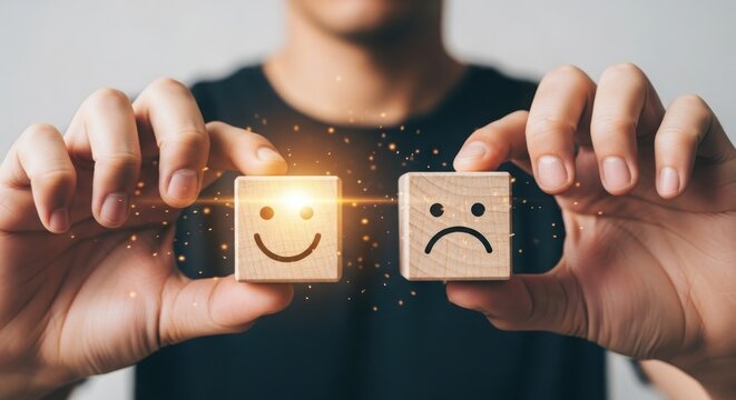 Person holding wooden blocks with happy and sad faces, representing customer satisfaction and feedback