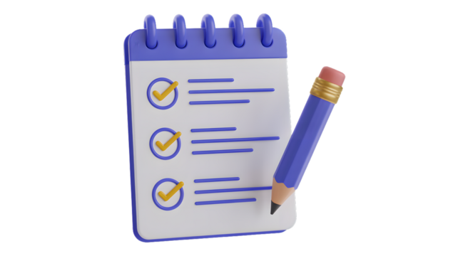 A rendered image of a checklist notepad with completed tasks and a pencil on a white background