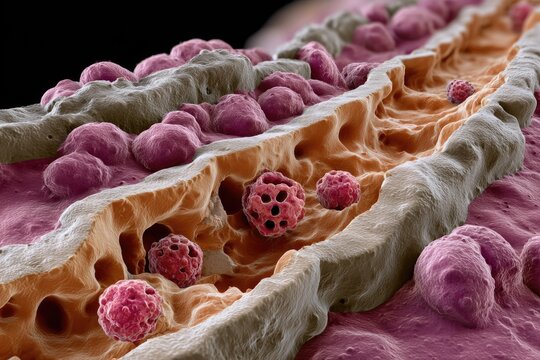 magnified microscopic image showing Entamoeba histolytica trophozoites infiltrating the mucosal lining of the human intestine