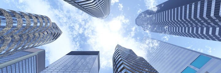 Skyscrapers, high-rise buildings from below against the background of the sky, cityscape, panorama of skyscrapers, 3D rendering © ustas