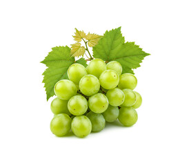 Fresh green redish grapes cluster with leaves isolated on white background.