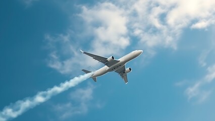 Airplane climbing into a clear blue sky, leaving white contrails against a backdrop of soft clouds.