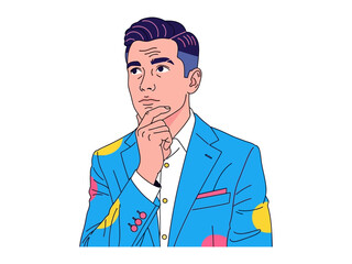 Contemplative Reflection: A stylish figure ponders deeply, hand on chin, lost in thought, reflecting on life's complexities in a vibrant, semi-realistic artistic style.