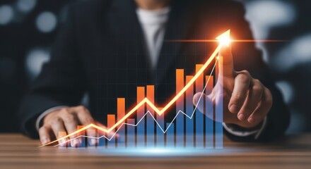 Business growth represented by a rising graph and arrow, touched by a persons hand