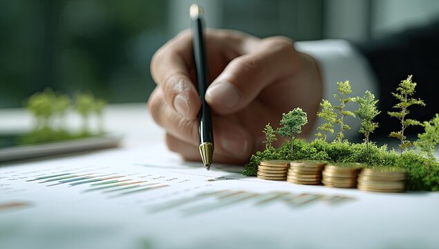 Businessperson analyzing financial data with environmental focus - Powered by Adobe