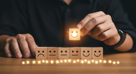Customer satisfaction survey with wooden blocks showing happy and sad faces