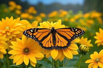 A monarch butterfly rests on a vibrant yellow flower in a garden on a sunny day in the summertime