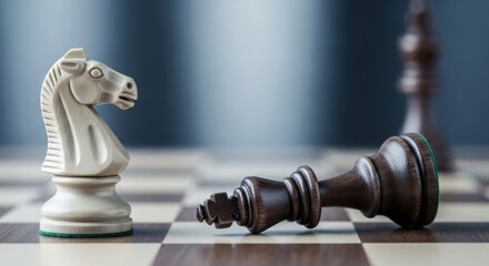 A white knight chess piece stands over a fallen black king on a chessboard, symbolizing defeat