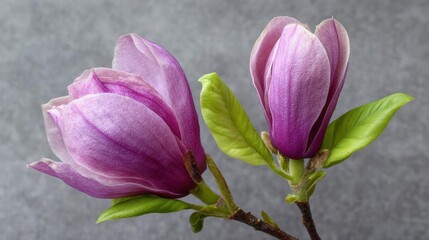 Obraz premium Two purple magnolias with green leaves on gray background, botanical floral vector close-up.