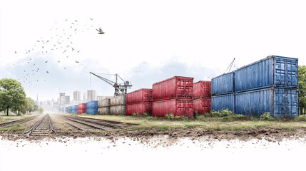 Containers in Rural Landscape with Distant Cityscape Logistics and Transportation Art