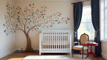 A nursery room with a wall mural of a tree with blue and orange leaves, a white crib, an elegant armchair, and a small red side table near large windows with blue curtains.