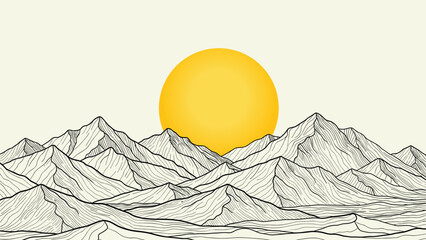 Line art illustration of sun rising or setting over mountain range creating a serene and scenic landscape perfect for backgrounds and designs