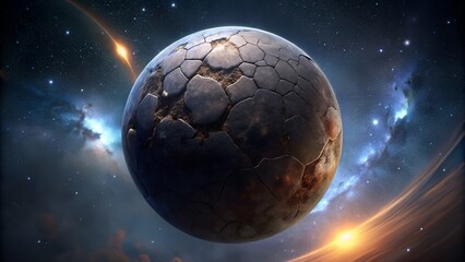 A textured planet floats in space, surrounded by stars and cosmic dust clouds
