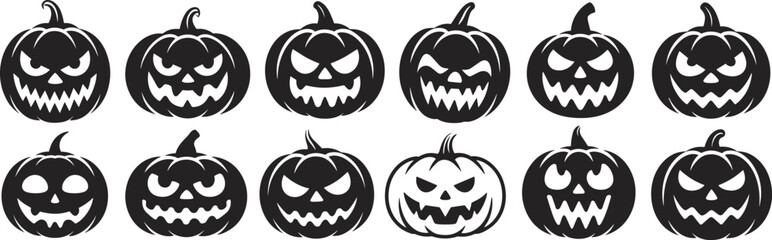 Halloween pumpkins set, scary jack-o-lantern faces, black silhouette vectors, spooky autumn decorations, Halloween party design, festive fall illustrations