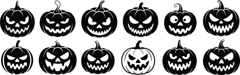 Halloween pumpkin set, spooky jack-o-lanterns, black and white vector illustrations, scary faces, Halloween decorations, autumn holiday design elements