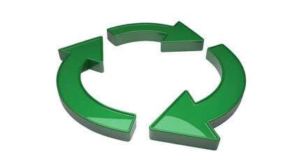 A green recycling symbol with three arrows in a circular motion on a white background in a studio shot