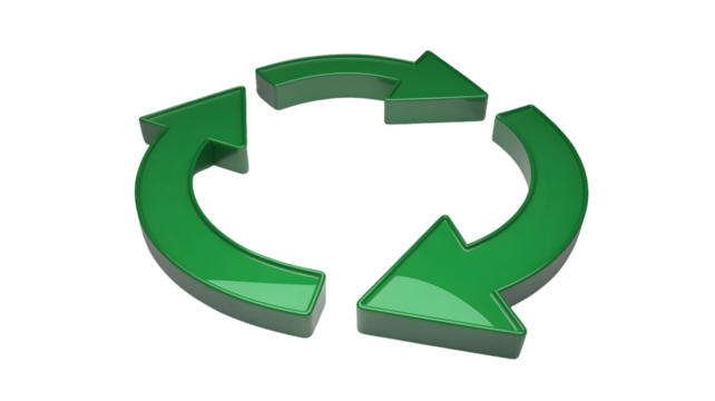 A green recycling symbol with three arrows in a circular motion on a white background in a studio shot