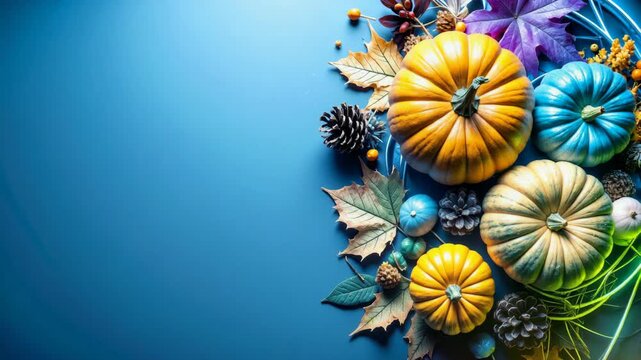 Colorful pumpkins, pine cones, and autumn leaves creating festive fall border on blue background.