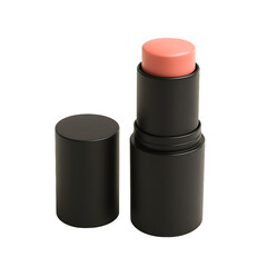 Obraz premium A peachy-pink blush stick in an open black container, ready to be applied, isolated on a transparent background
