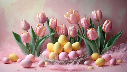 Pink tulips with eggs and feathers, springtime floral arrangement, colorful eggs, and natural aesthetic.