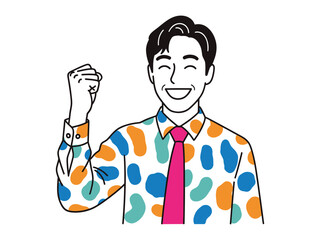 Energetic Man in Colorful Shirt Celebrating Success: A man of energy and motivation wearing a vibrant, patterned shirt, embodies triumph and exuberance.