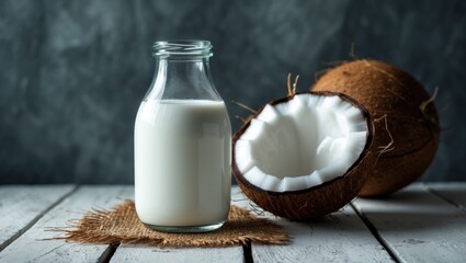 A bottle of coconut milk beside a halved coconut on a rustic wooden surface.