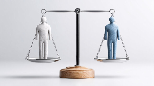 Justice Scale with White and Blue Figurines Balance Concept for Legal, Social, and Ethical Themes