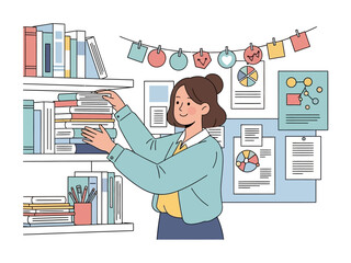 Academic Pursuit: A woman carefully organizes books on a shelf in a quaint study space, illustrating a passion for learning and the pursuit of knowledge. 