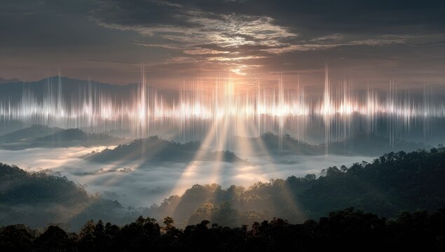 Sunrise over misty mountains, ethereal sound waves