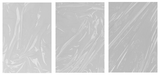 Three panels of crumpled or stretched clear plastic wrap, ideal for backgrounds or textures in design projects and packaging.