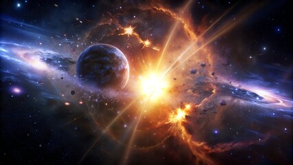 A radiant star illuminates a distant planet within a swirling galaxy