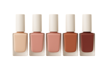A lineup of five square bottles of nail polish in various shades of nude, from light beige to deep brown, are standing neatly, isolated on a transparent background