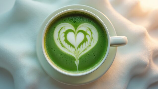Green latte art heart in a cup, with a white background. Coffee and beverage arts, concept. Drink presentation and creativity. The concept of artistic beverage decoration.