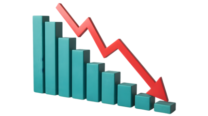 A downward trend is shown with a red arrow and blue bars on a black background illustration