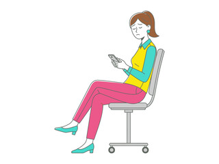 Digital Serenity: A woman is sitting, using a phone, creating an illustration style work.
