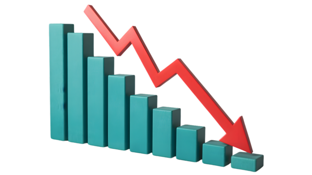 A downward trend is shown with a red arrow and blue bars on a black background illustration