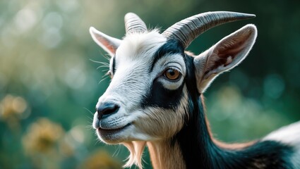 Obraz premium A close-up of a goat with curved horns in a natural outdoor setting.