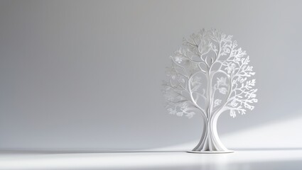 A white tree sculpture with intricate branches stands against a plain background.