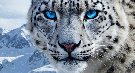 Fototapeta premium Close-up portrait of a snow leopard with striking blue eyes, set against a snowy mountain backdrop with falling snowflakes.